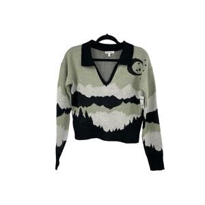 Derek Heart Sweater Juniors Large Pullover Sage Jacquard Johnny Collar Crop NWT